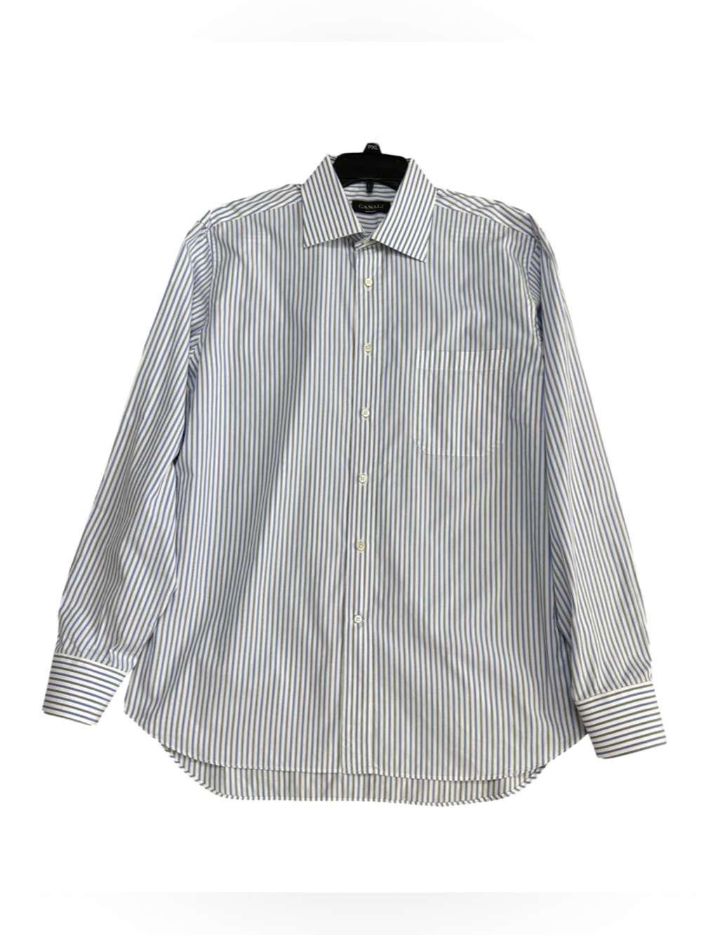 Canali Mens 16.5 42 Dress Shirt Blue White Striped Long Sleeve Made in Italy